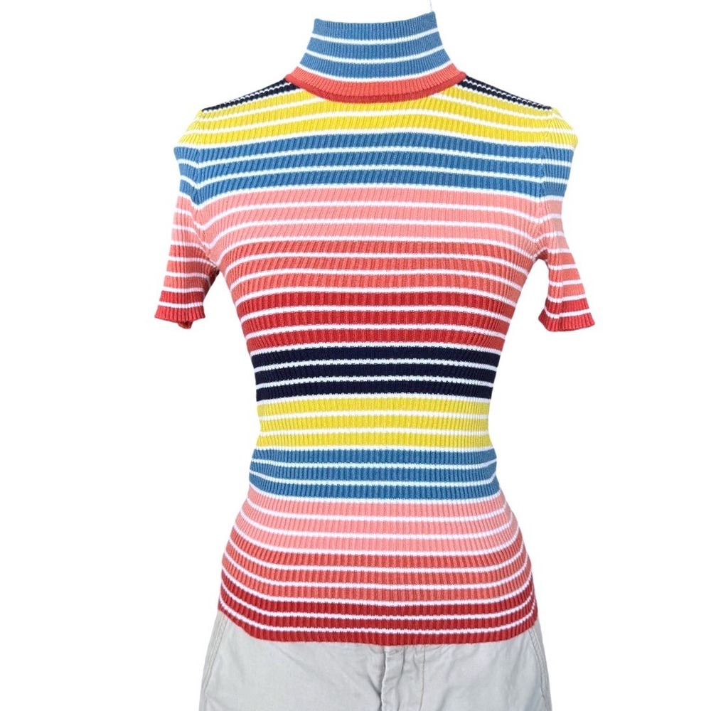 Forever 21 Striped Mock Neck Ribbed Short Sleeve Sweater Colorful Y2K Retro S